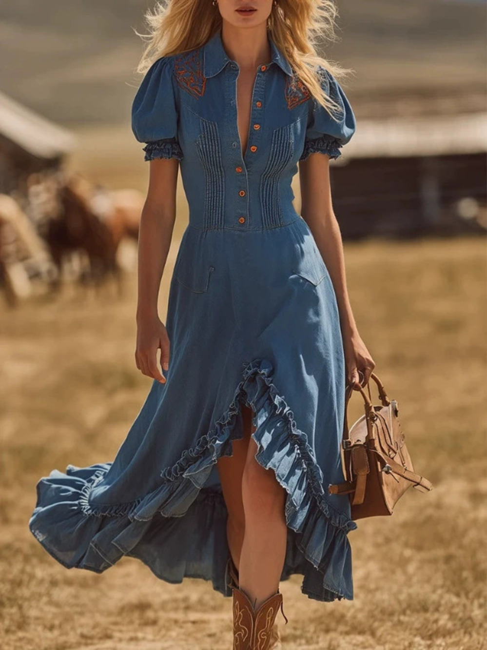 FOREVER 21 Womens Retro Boho Ruffle Denim Midi Skirt